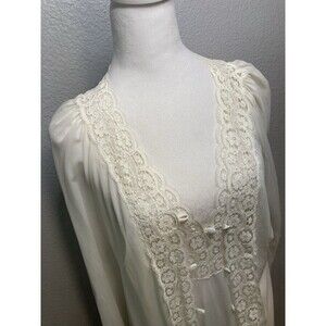 Vintage Night Gown Robe Womens M 14/16 White Lace Nylon Long Peignoir Set Bridal